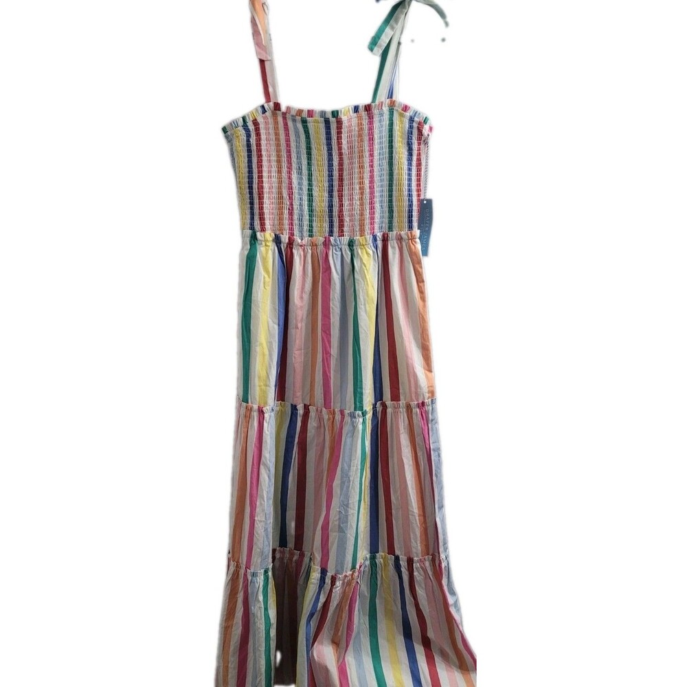 NWT Draper James RSVP Tiered Maxi Dress Small Rainbow Stripe Smocked Cotton